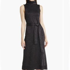 PAIGE Shimmering Zoelle sparkly Black Midi Dress turtleneck w/belt